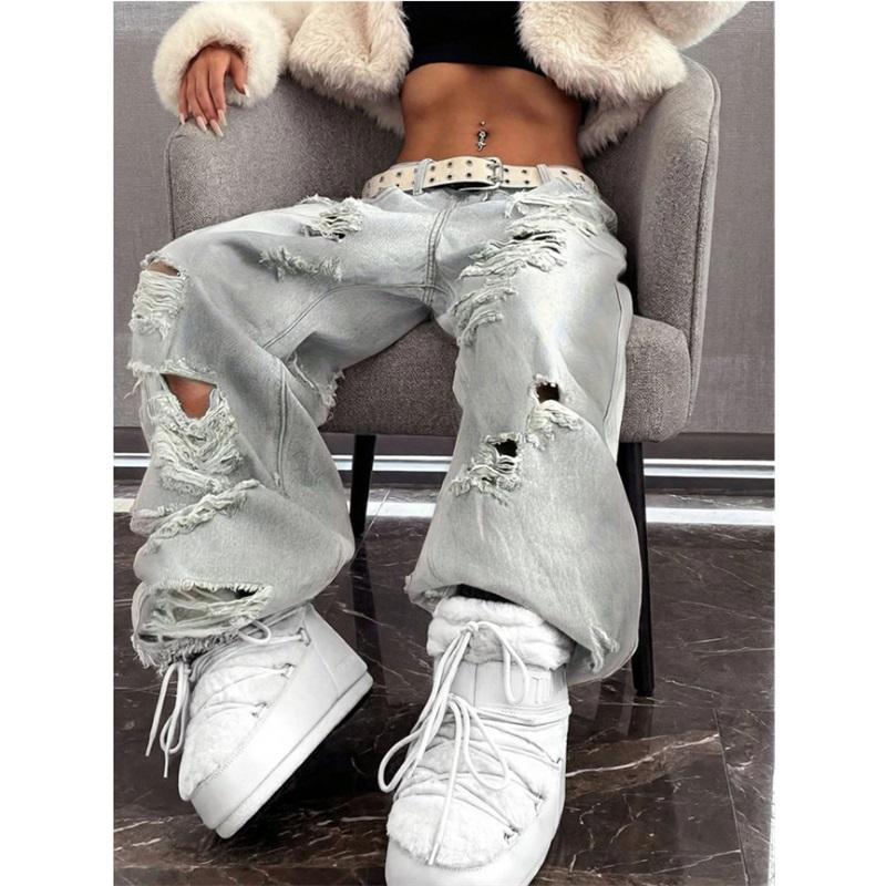 Jeans Printemps Et Été Marque Tendance Jambe Droite Ample Style Coréen Polyvalent Pantalon en Denim Déchiré XL