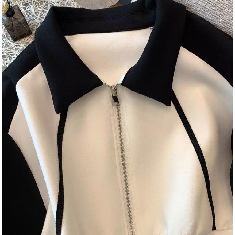 Casual Sweatshirt Cardigan Jacket Autumn Dress Women's Retro Fashion Age Reduction Contrast Long Sleeve Top Tide