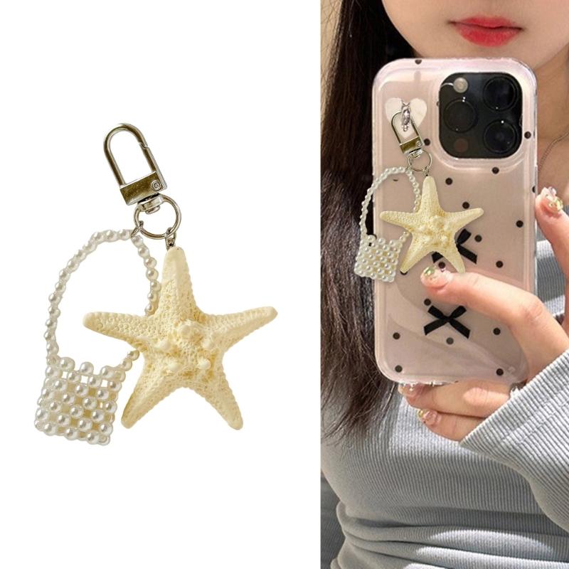 Elegant Starfish Keychain Pearls Accent Portable Purse Accessory