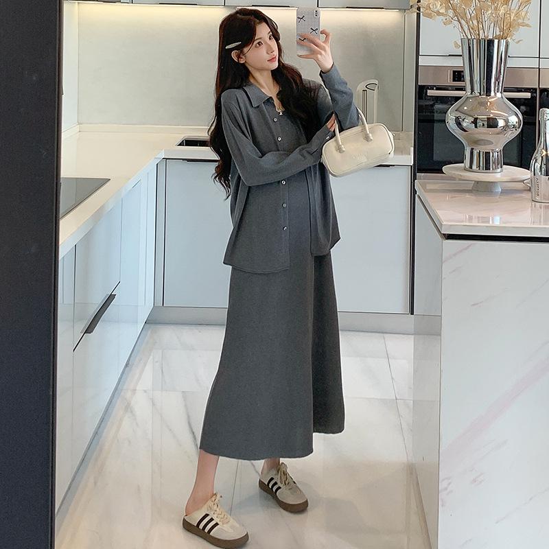 2026 Spring Maternity Fashion Two-Piece: Lapel Long-Sleeve Shirt + Loose Vest Dress M