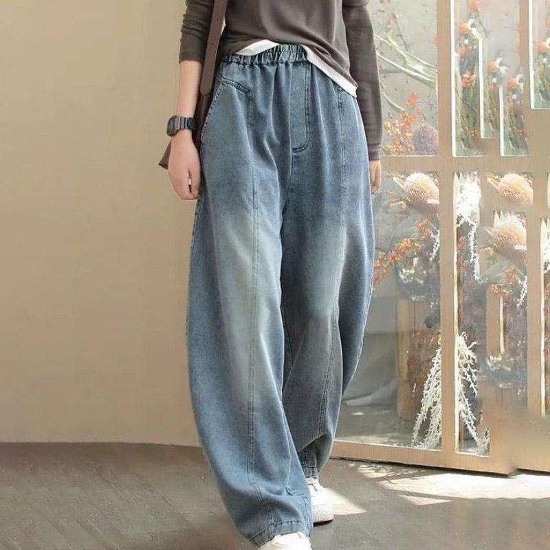 Pants for Women Plus Size Stretchy Elastic High Waist Long Trousers Solid Colour Casual Wide Leg Jean Pants