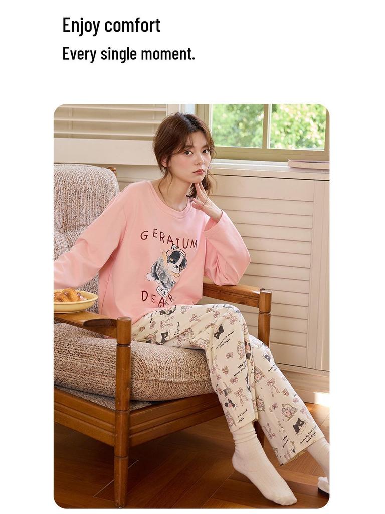 Womens Korean Style Cartoon Pajamas Set with Chest Pad - Long Sleeve, Cute Home Wear for Spring & Autumn (2025)