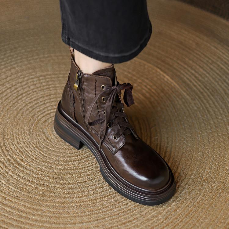 Fashion New Autumn/winter Genuine Leather Women Boots Round Toe Platform Shoes for Women Fashion Boots High Heels Lace Work Boots