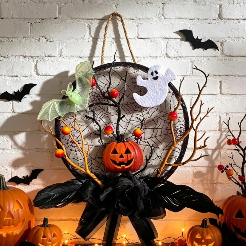 Autumn Entryway Wreath for Indoor Display with Bat Figures, Seasonal Symbol, and Loop Included for Quick Hook Placement, 11.4 Inch Size
