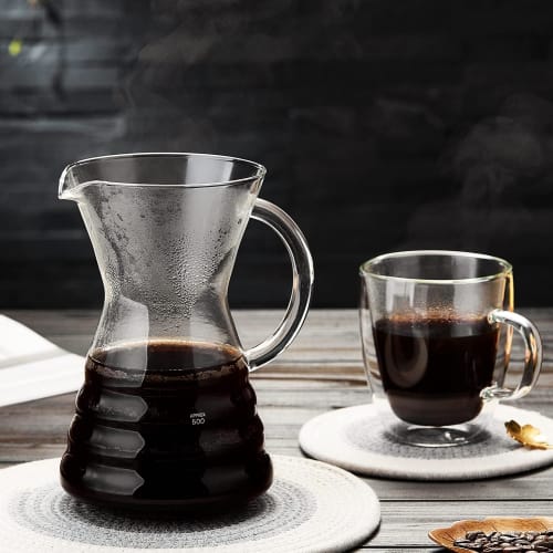 Pokaro Tea Coffee Server, Heat-Resistant Glass, 500ml, No Paper Coffee Filter Required, Stylish Drip Coffee Server with Reusable Stainless Steel Filte