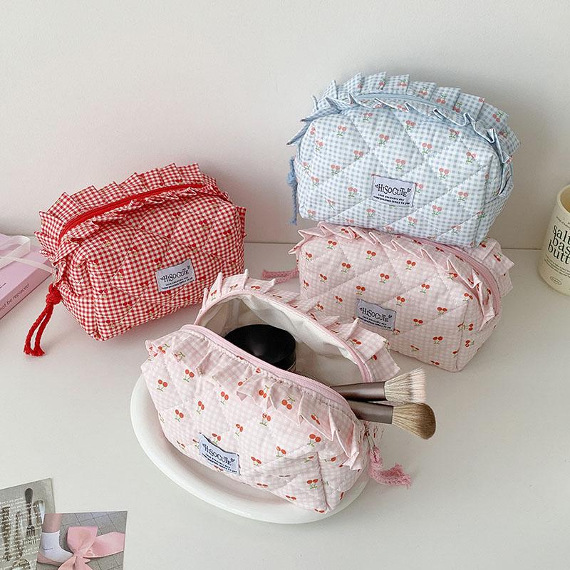 Ins Fresh Red Cherry Quilted Cosmetic Bag Fashion Small Large Toiletry Makeup Storage Bag Cute Lipstick Sanitary Napkin Case