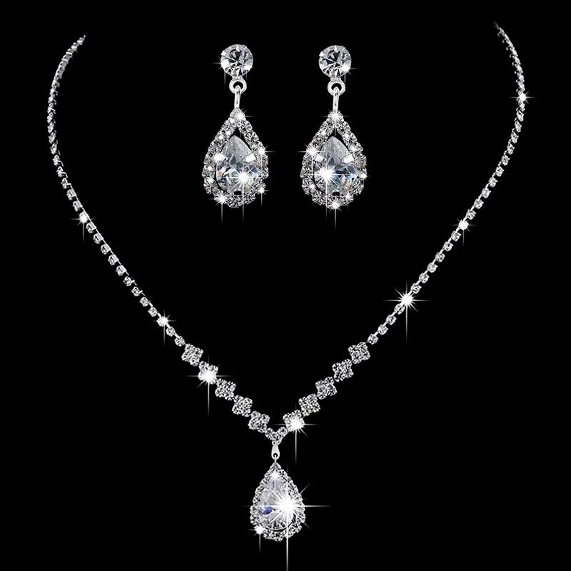 3Pcs Luxury Simple Rhinestone Necklace Drop Earrings For Women Girls Fashion Exquisite Jewelry Set Wedding Bride Accessories