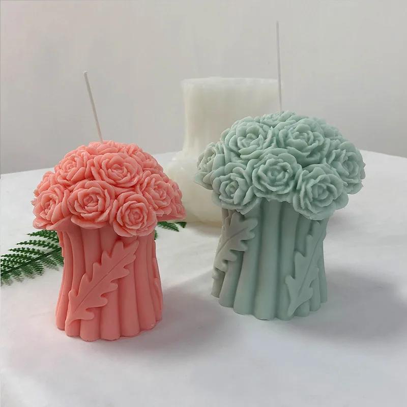 DIY Aromatherapy Plaster Resin Soap Silicone Mold for Candles Bouquet of Roses Handmade 3D Crafts Home Candle Making Supply