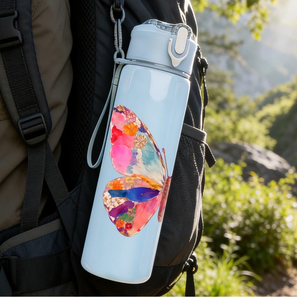 1PC Bright Multicolor Butterfly Wing Print 750ml Color Plastic Sports Water Bottle Leakproof Flip Straw Lid Suitable for Sports Office Home Use