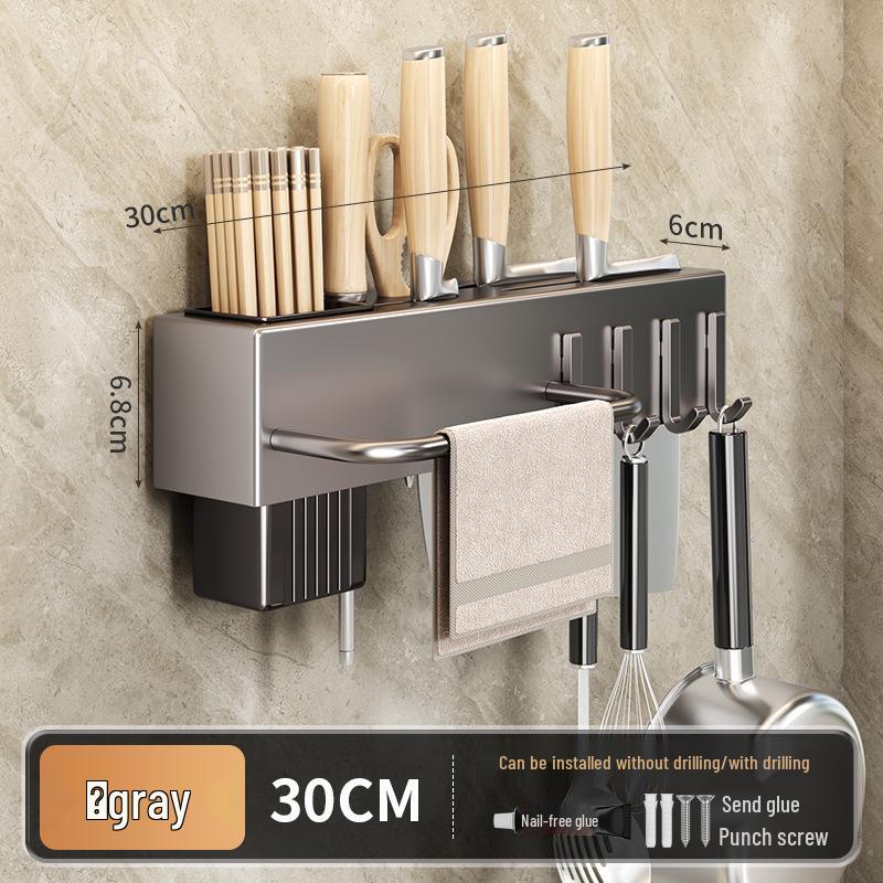 Modern No-Drill Wall-Mounted Kitchen Knife and Utensil Storage Rack