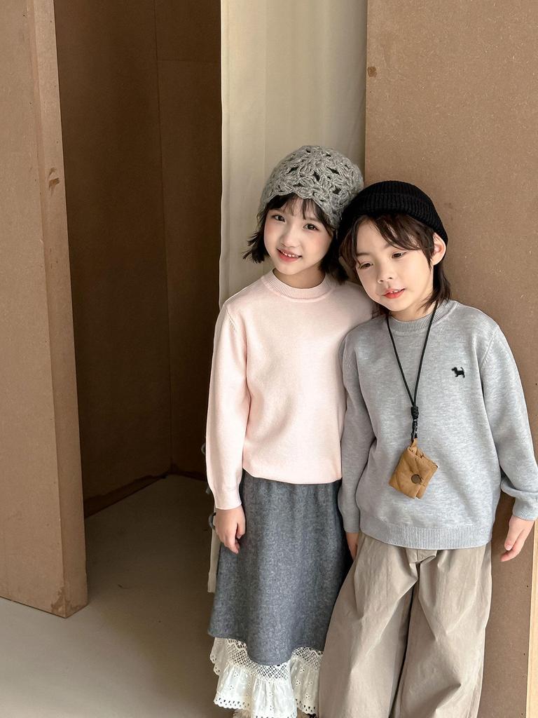 Kids' Knitted Crew Neck Sweater - Autumn/Winter, Embroidered, Loose Fit, Unisex