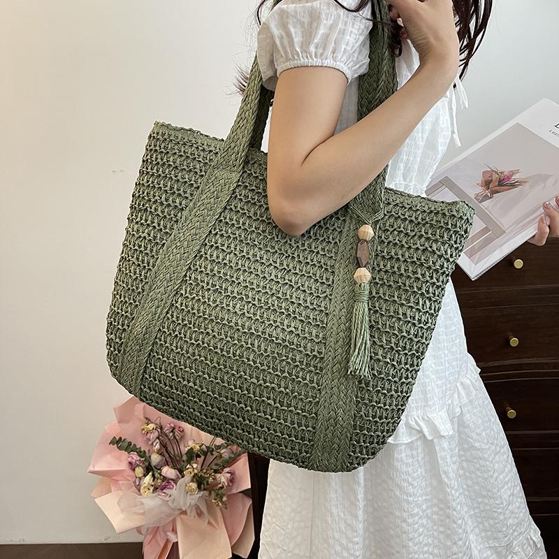 Summer Woven Shoulder Bag Women Beach Shoulder Bag Female Straw Knitted Handmade Large Capacity Handbag Purse Travel Tote Bags