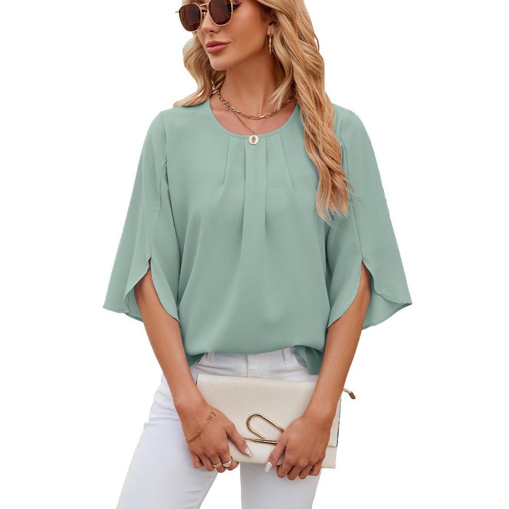 2024 Women's Loose Chiffon Short Sleeve Blouse - Solid Color, Round Neck, Five-Point Sleeves