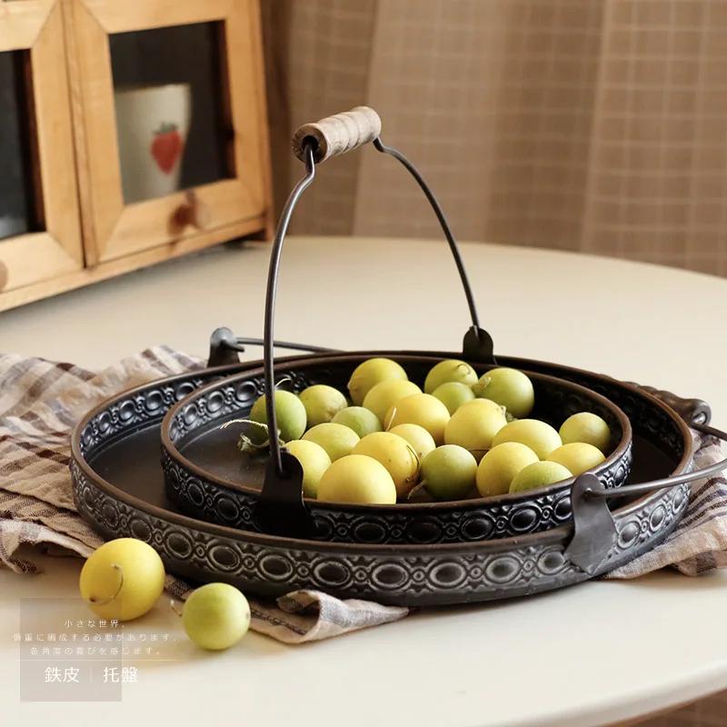 Handle Metal Storage Trays Classical Relief Printing Rotundity Ellipse Plate Delicious Food Dessert Photography Decoration Prop