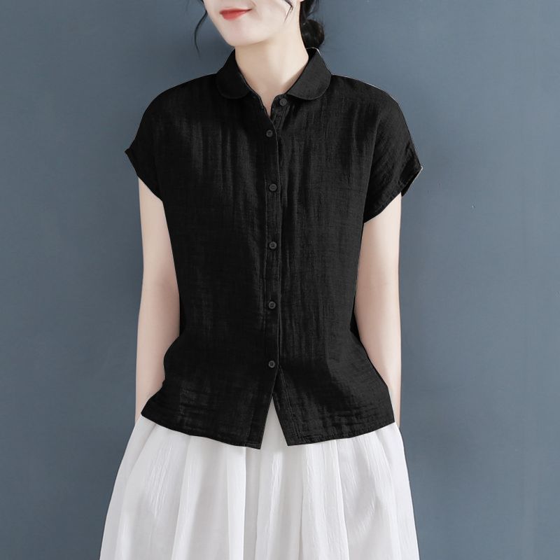 Women's Clothing Vintage Simple Casual Cotton Linen Button Up Shirt Summer Fashion Solid Short Sleeve Blouse Loose Tops Blusas
