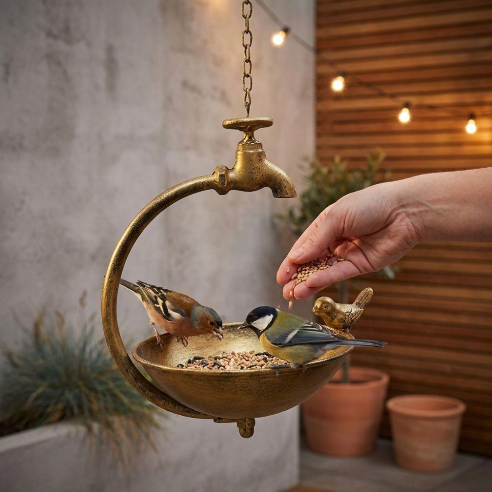 Faucet Design Metal Bird Bath Handcrafted Iron Bird Feeding Bowl Hanging Bird Feeder  Backyard Use