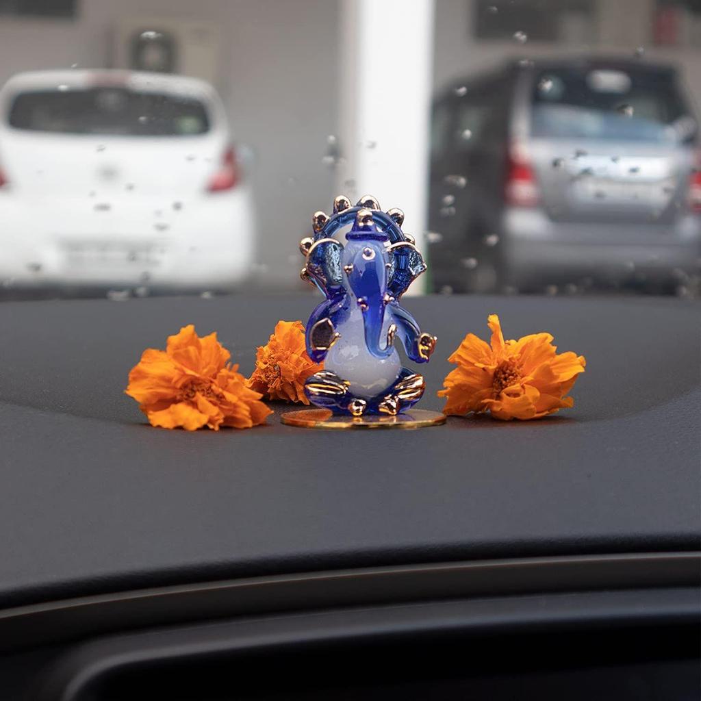Gott Ganesh Sitzstatue (Murti) Idol-Schauobjekt Handgefertigt aus Kristallglas für Anbetung, Dekoration, Armaturenbrett, Geschenk