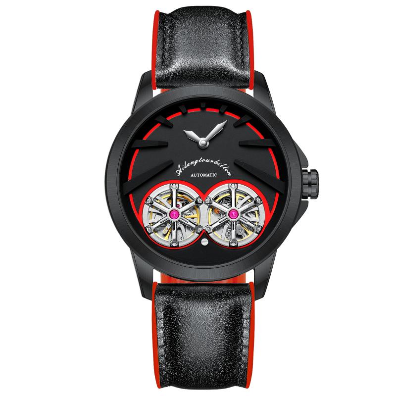 Domed Holographic Glass with Anti Glare AI LANG Fashion Watch Mechanic Automatic Double Tourbillon High-end Leather Wristwatch