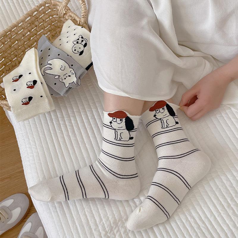 Dongdaemun Cartoon Puppy Mid-Tube Socks For Women, Breathable Thin Boneless With Small Leather Shoes And Cotton Socks