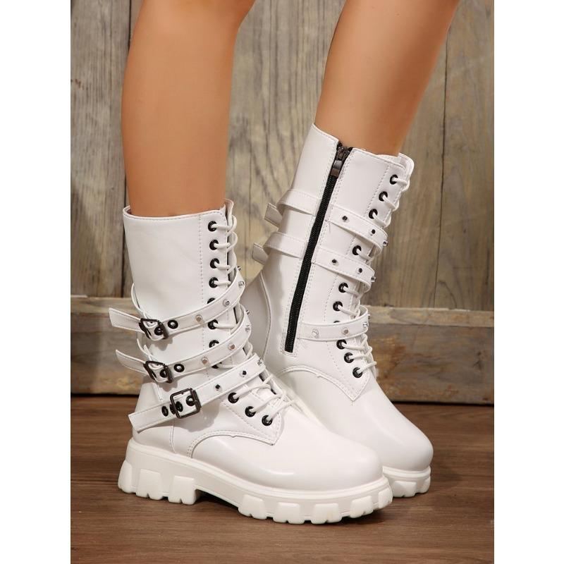 Thick-soled Martin Boots Women's Autumn and Winter New Round Toe Belt Buckle Motorcycle Boots with Fleece Women's Boots