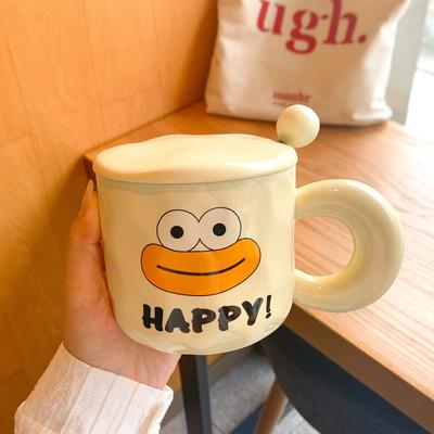 Mug Mignon Grande Bouche avec Couvercle et Cuillère Tasse en Céramique pour Filles Couple Tasse à Eau pour la Maison Enfants Petit Déjeuner Tasse à Café pour Hommes