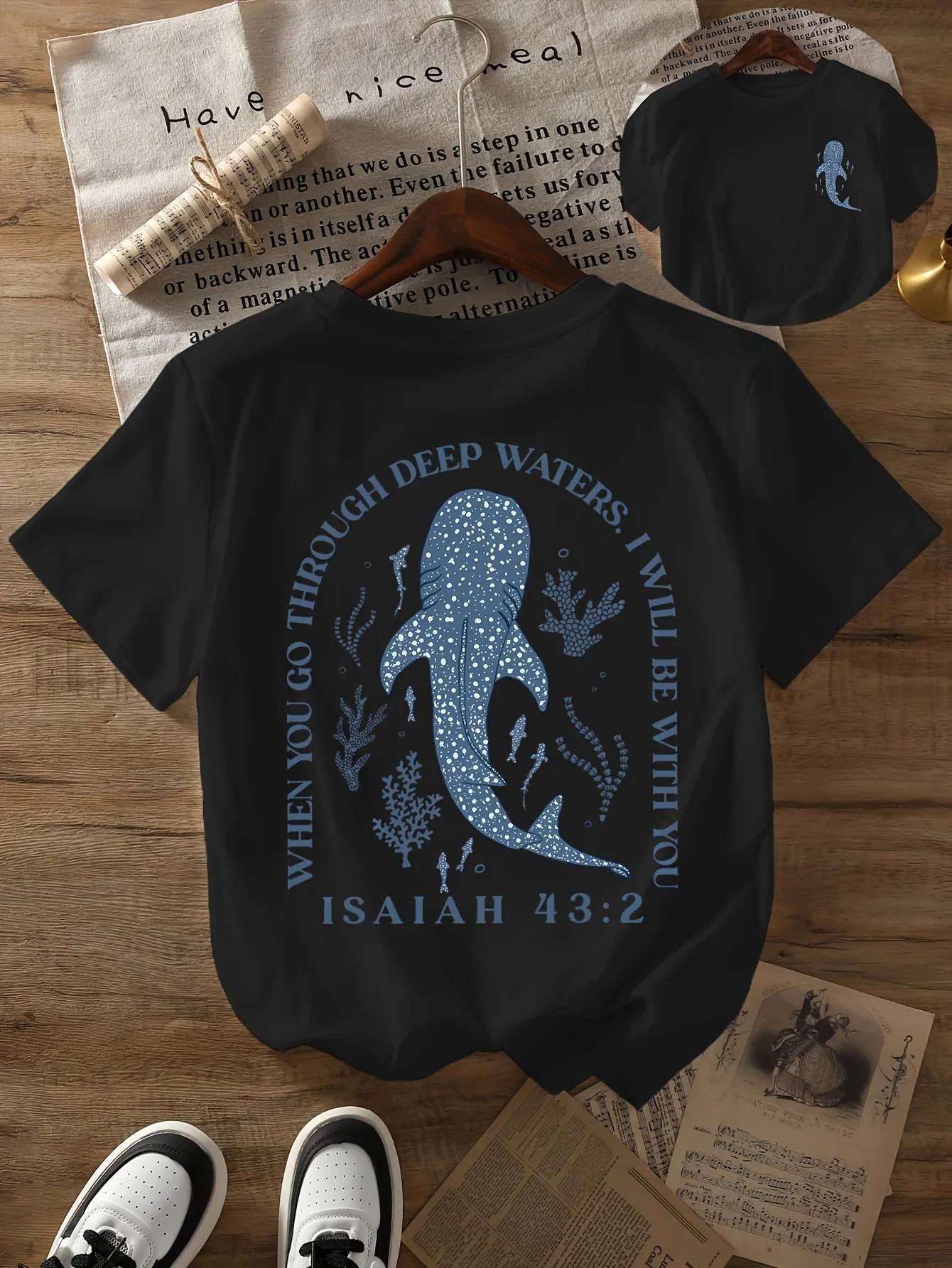 

2025 Summer Round-neck beach whale shark print Men s 100% pure cotton T-shirt short-sleeved casual loose top 4XL