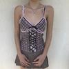 Y2K Spitze Patchwork Karomuster Tanktop Mode V-Ausschnitt Slip Crop Tops Koreanische Ästhetik Bandage Rückenfrei