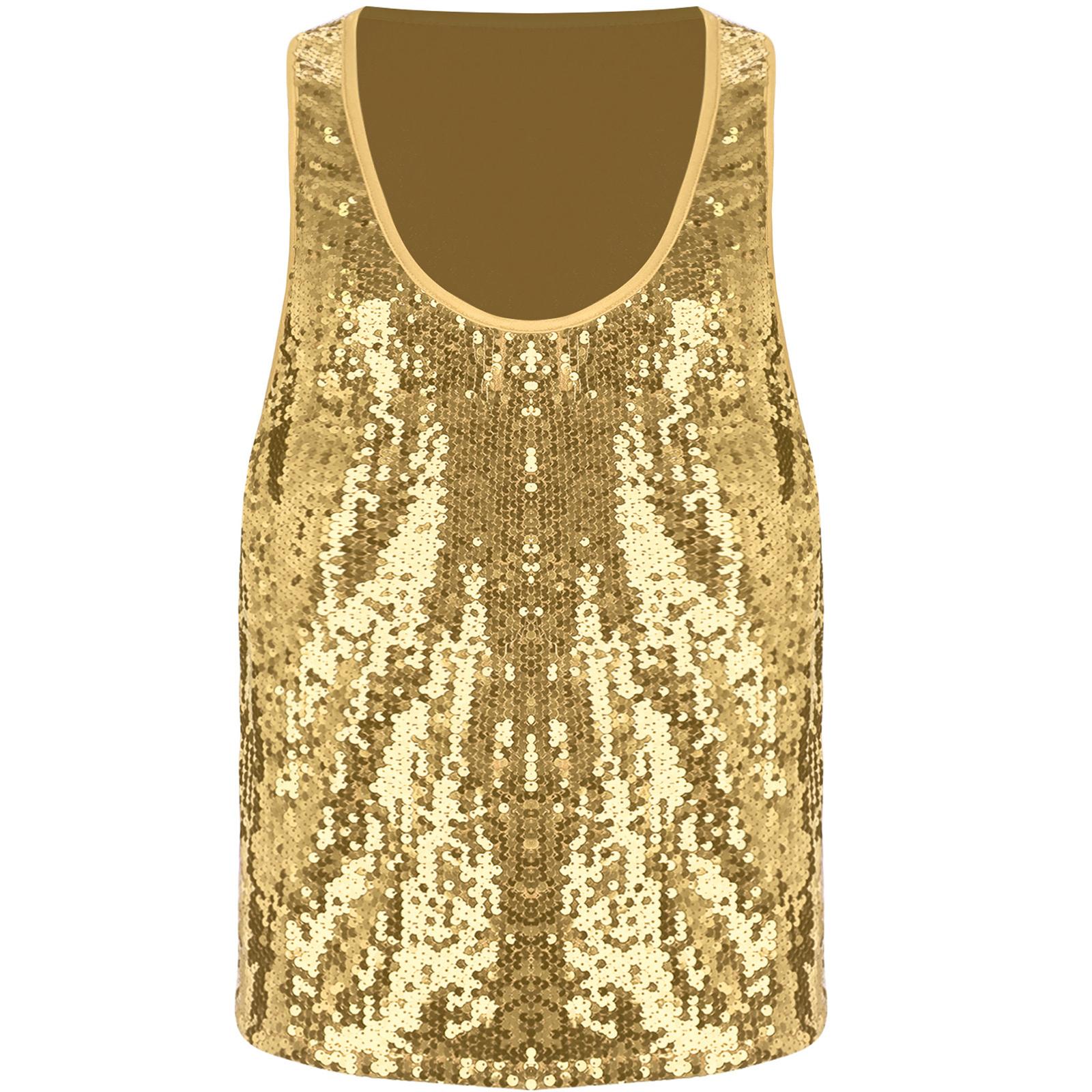 

Mens Glitter Sequin Vest Tank Top Low Crew Neck Smooth Lining Waistcoat Disco Club Dance Party Shiny Top XL золотий