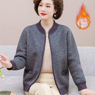 Grandma Coat Autumn Clothes New Elderly Knitted Sweater Female Mother Fleece Thickened Old Woman Striped Top