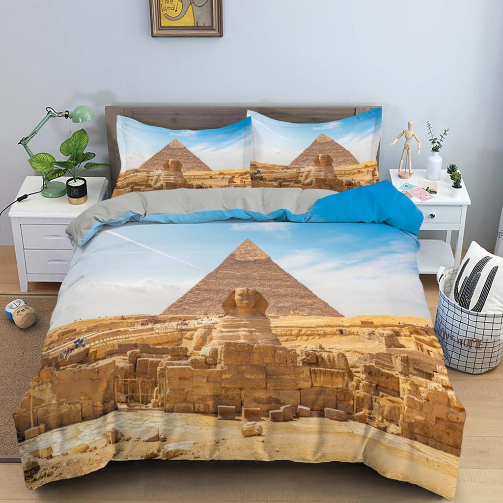 Egyptiska Pyramider Påslakan King Size Vuxen Forntida Egypten Stammönster Sängklädesset Afrikansk Vintage Exotisk Kamel Öken Täcke