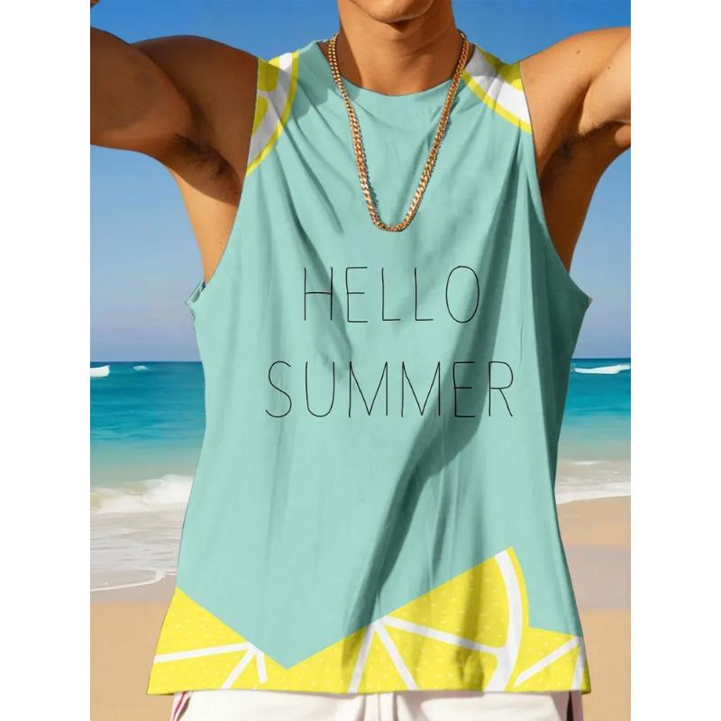 Summer Round Neck 3D Palm Leaf Printed Top Fashionable Casual Hawaiian Beach Sleeveless Vest Men's T-shirts