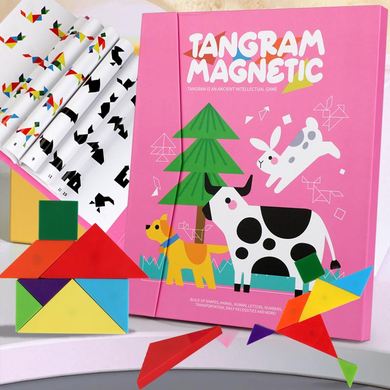 Wooden Jigsaw Magnetic Tangram Puzzle Book Educational Toys For Children Baby Kid Portable Montessori Learning Intelligence