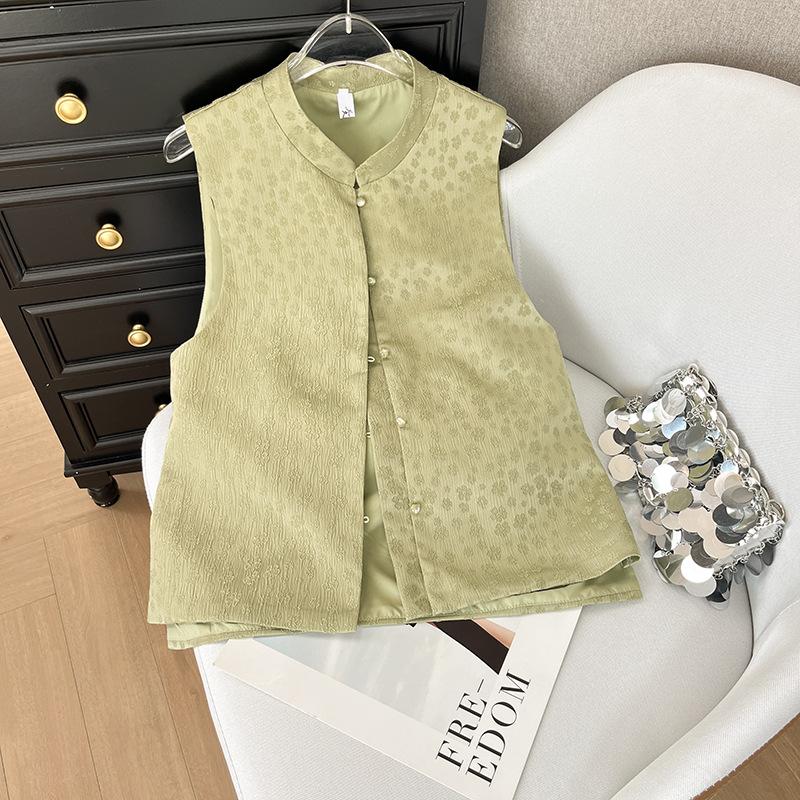 

Женский зеленый жилет с ретро пряжкой, жаккардовый жилет в стиле дзен, улучшенный, ранняя весна 2025 XXXL [Recommended 138-75kg]