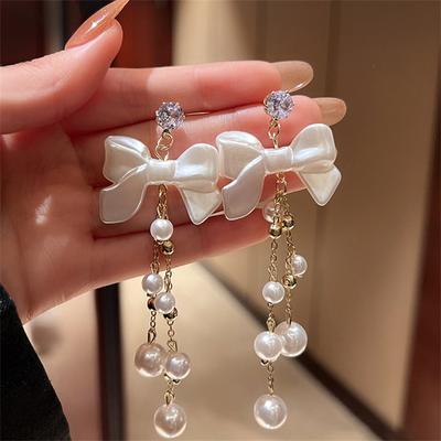 Luxury Women'S Long Pearl Bow Earrings Elegant Aesthetic Korean Trend Tassel Dangle Earrings Jewelry Accessories Fairy Gift
