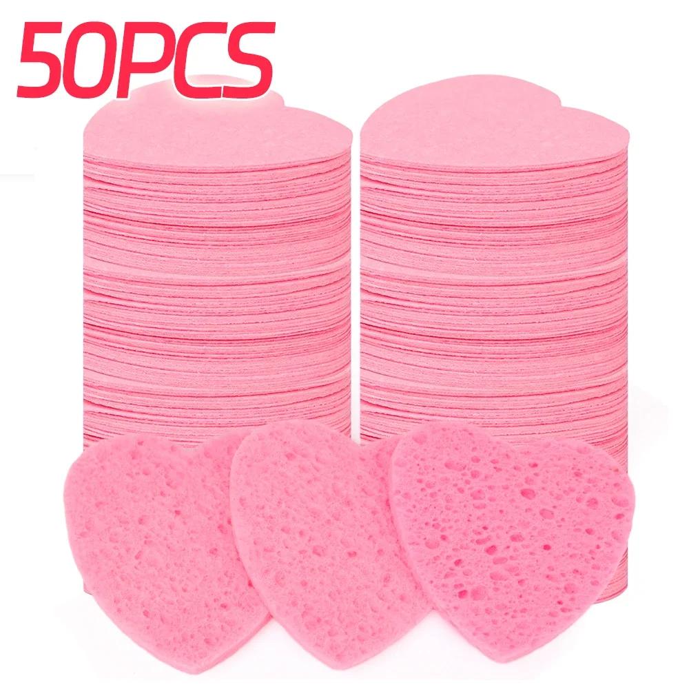 50PCS Reusable Face Wash Puff Cleaning Sponge Pad Exfoliator Mask Facial SPA Massage Makeup Removal Heart Shape Compress Sponge
