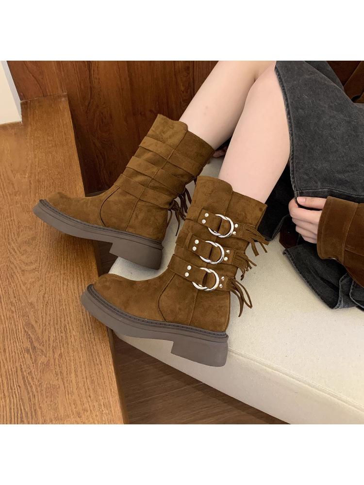 Thick-soled Medium Tube Martin Boots Women's Shoes 2025 New Black British Wind Locomotive Boots Short Boots Spring and Autumn Western Single Boots