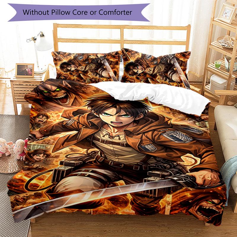 Eren & Mikasa 3pcs Bedding Set Duvet Cover Closure Includes 1 Duvet Cover & 2 Pillowcases for All Seasons Bedroom Home Dorm Decor