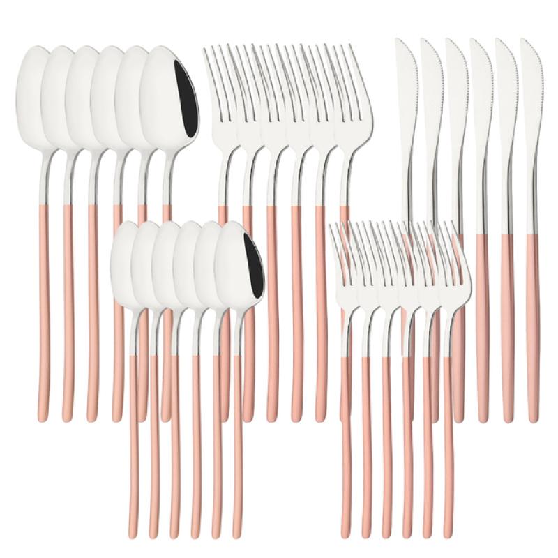 White Gold 30Pcs Dinnerware Set Knife Dessert Fork Spoon Tableware Cutlery Set 18/10 Stainless Steel Flatware Silverware Sets