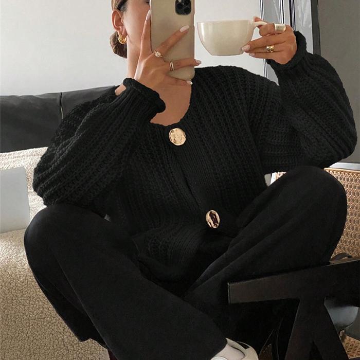 Damen Strickcardigan mit offener Vorderseite, einfarbig, langen Ärmeln, Rundhalsausschnitt und Tasche