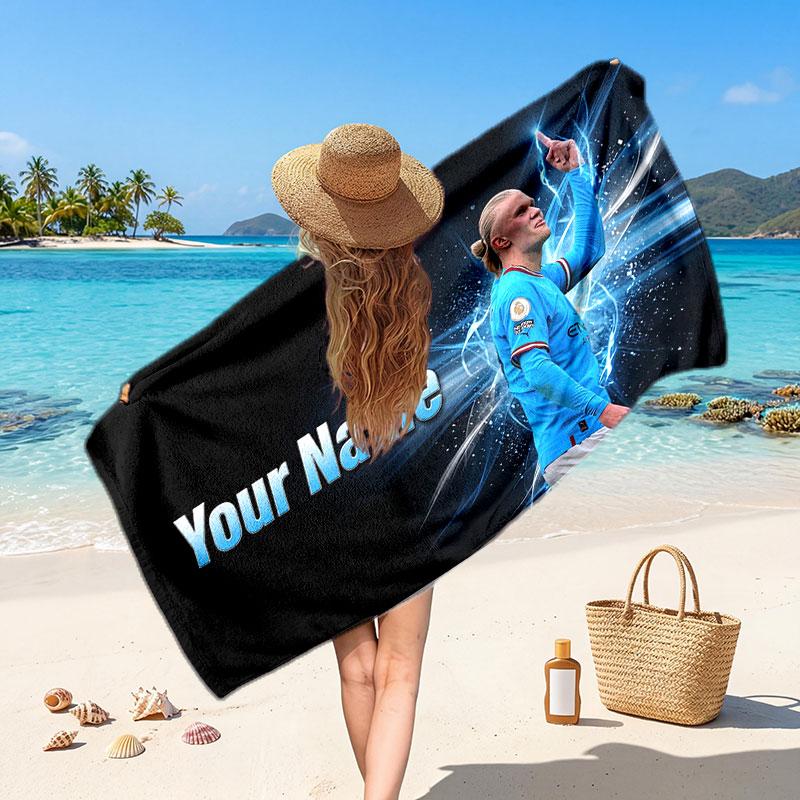 Erling Haaland Custom Beach Towel, Personalized Name Text Print, Football Logo Soft Quick‑Dry Towel Holiday Gift