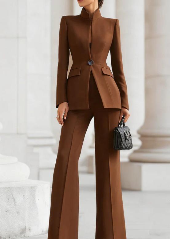 2026 Women's European & American Long Sleeve Solid Color Blazer & Pants Two-Piece Set with Pocket