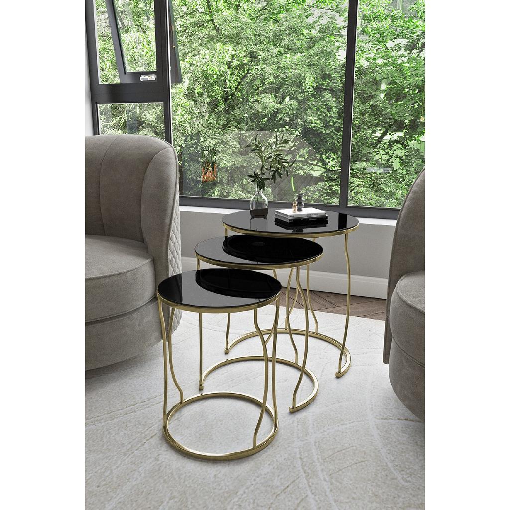 Rya 3-seat Nesting Coffee Table Gold Color Metal Leg, Marble Patterned Shatterproof Glass