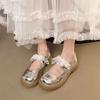 Retro Silver Heightening Pumps Thick Bottom Shallow Mouth Single Shoes Women Spring Autumn Lace Bow Middle Heel  Mary Jane Shoes