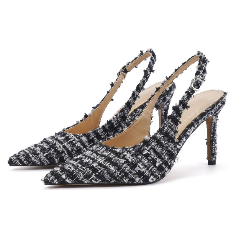 

Fashion New Designer Costume Tweed High Heels Women Sexy Pointed Toe Back Strap Heeled Sandals Summer Elegant Party Wedding Women Pumps 40