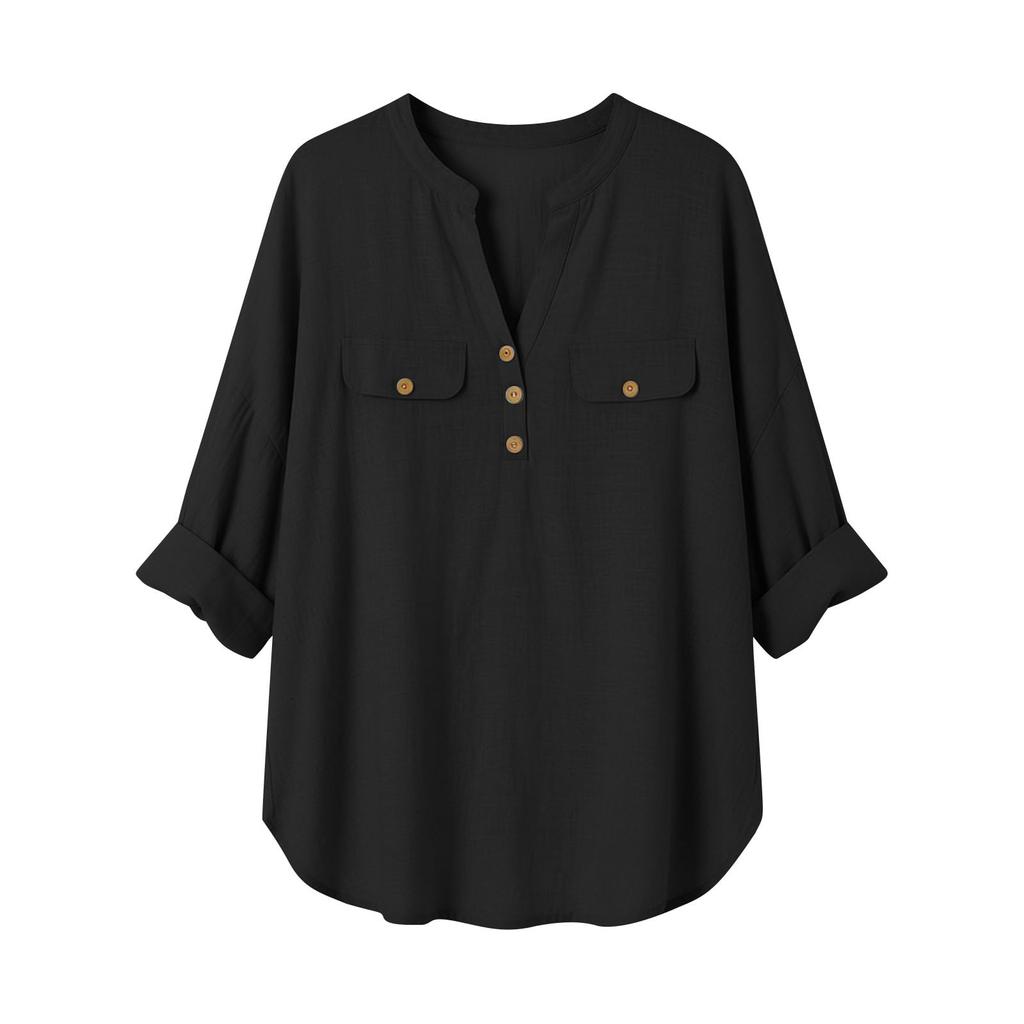 Women's Fashionable V-Neck Casual -Color Button-Down Cotton-Linen Loose-Fit Top