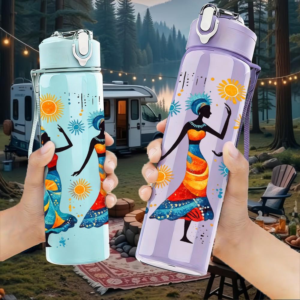 1PC Dancing African Ladies 750ml Color Plastic Sports Water Bottle Leakproof Flip Straw Lid Suitable for Sports Office Home Use