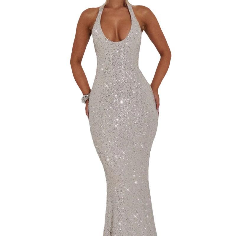 2024 Γυναικείο Αμάνικο Bodycon Φόρεμα Halter με Σχέδιο που Σφίγγει τη Μέση - Σέξι Μονόχρωμο για Φθινόπωρο/Χειμώνα