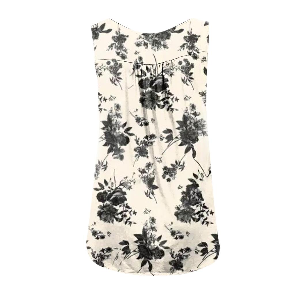 Women's Fashion Floral Printing Pleated Sleeveless Casual T-shirt Vest Button Top