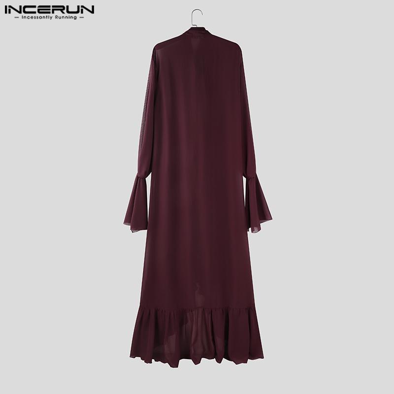 INCERUN Men Tie Up Neck Long Sleeve Ruffled Irregular Layers Mesh Long Tops Party Clubwear T-shirts