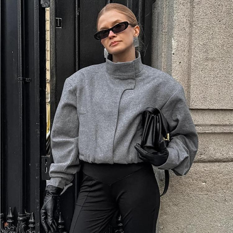 

New Women Wool Blend Short Coat Gray Stand Collar Minimalist Outerwear Versatile Autumn Winter European American Style S серый